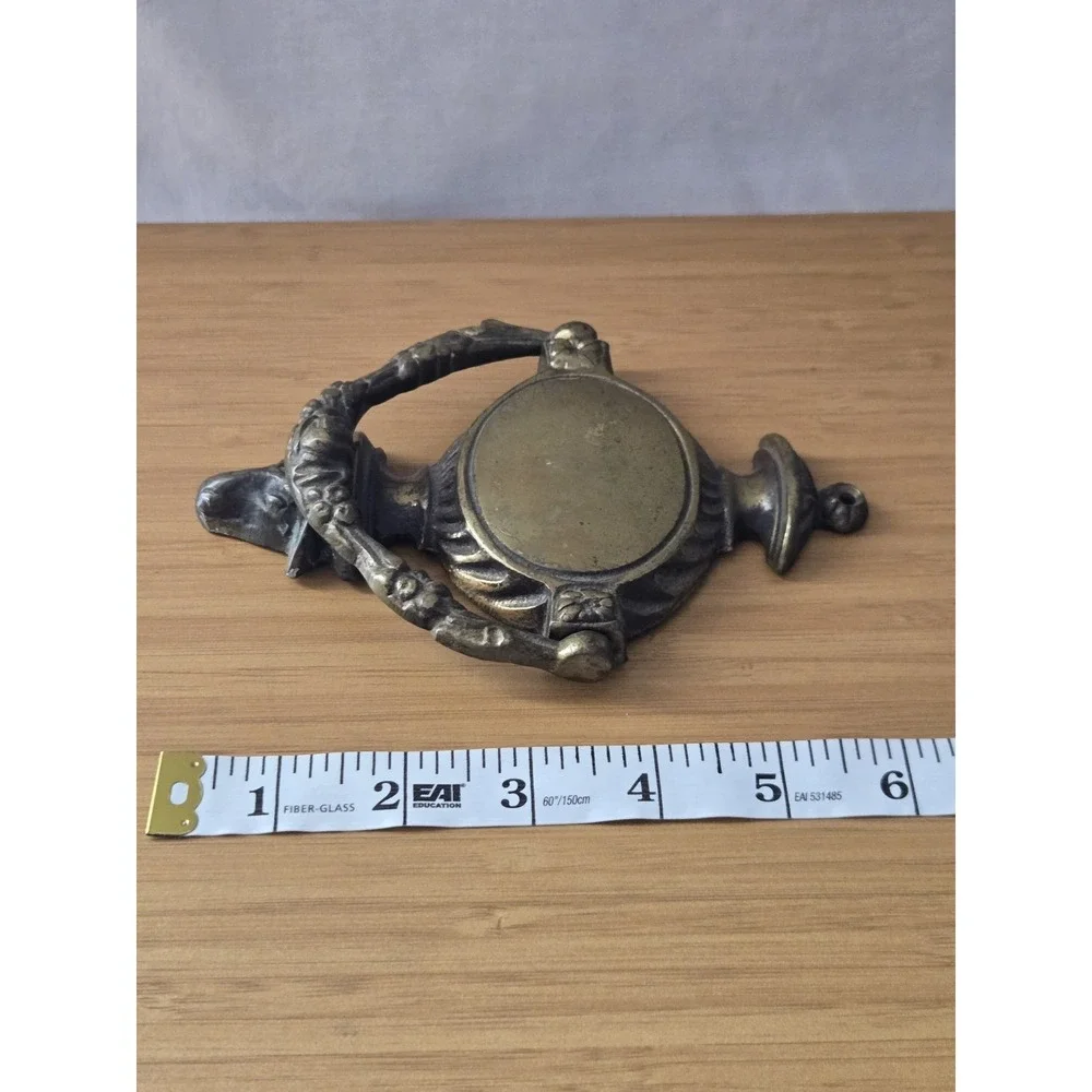 Vintage Neoclassical Solid Brass Door Knocker With Ram Head And Blank Cartouche